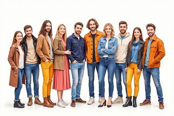 Obraz premium Group of happy young adults in casual outfits posing together on a white background.