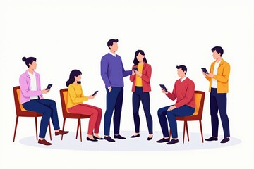 Obraz premium Group of people engaging with technology in a modern collaborative setting.