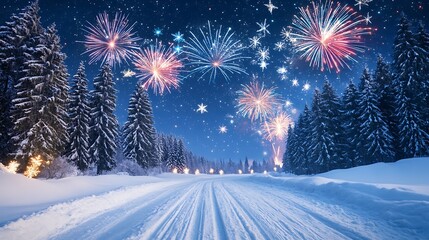 Winter Wonderland with Spectacular Fireworks Celebration in the Starry Night