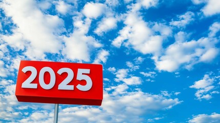 Red road sign with number "2025" written,against blue sky with clouds ,New Year concept,copy space.