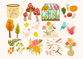 Cozy cute cottagecore vector set. Countryside farm items, animals, flowers, cup and book, chickens, gardening tools, mushrooms. Homey country stuff. Flat illustration easter collection hand-drawn 