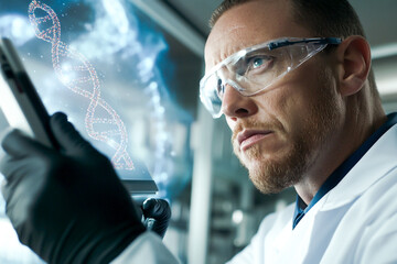 A scientist in a white coat and black gloves examines a device displaying a DNA structure. The futuristic blue background features glowing scientific icons and symbols