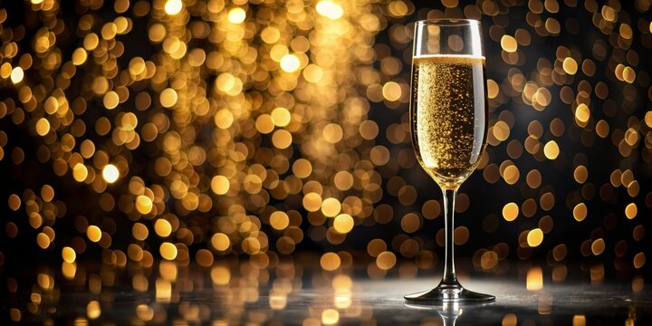 Champagne Flute on a Black Background with Golden Bokeh, champagne, celebration, new year