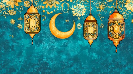Obraz premium Golden Lanterns Crescent Moon Festive Islamic Art Design