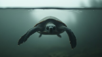 Obraz premium A close-up underwater shot of a turtle gliding gracefully in murky water, perfect for nature documentaries, educational materials, and environmental conservation campaigns,