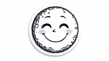 Fototapeta premium A cartoon moon with a smiling face, winking eyes, and rosy cheeks. The moons surface is textured. Simple, cute design on a white background.