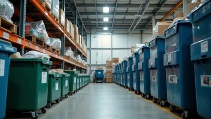 The image shows a large warehouse with rows of blue and green bins on wheels. The bins are arranged in neat rows and are filled with various items such as cardboard boxes, bags, and other household