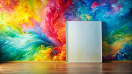 Blank Canvas Against Vibrant Abstract Wall Art in a Room with Wooden Floor