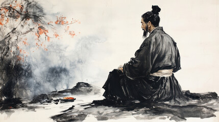 Obraz premium serene monk sits quietly by tranquil stream, surrounded by soft mist and delicate cherry blossoms. His traditional attire reflects deep connection to nature and peace