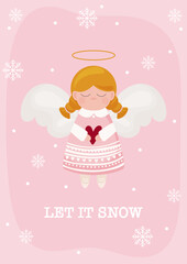Let it snow poster with Christmas angel. Winter greeting cards for season holidays. Flat cartoon illustration, vector design