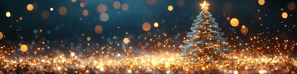 Fototapeta premium Glowing Golden Christmas Tree On Sparkling Background, Perfect For Holiday Greetings And Designs