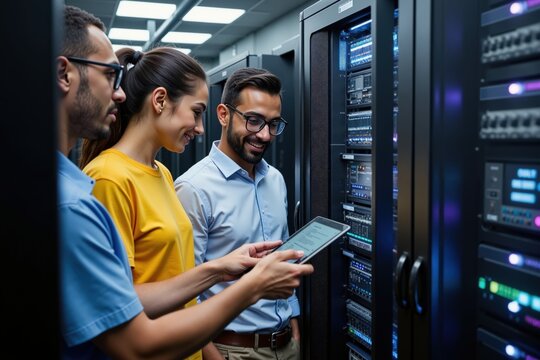 Team of it professionals analyzing server data in modern data center with tablet technology.