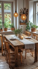 Interior Design Master,A dining area with a modern farmhouse vibe, featuring a wooden table, mismatched chairs, and cozy textiles like table runners and napkins