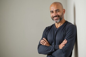 Obraz premium Portrait of a Confident Bald Man Smiling in Casual Attire, Ideal for Business Motivation Articles and Personal Growth Campaigns