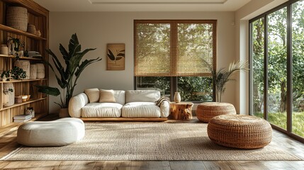A stylish living room featuring a comfortable sofa, decorative poufs, and plenty of greenery, illuminated by natural light from large windows. Perfectly designed.