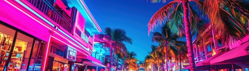 Vibrant nightlife on a beach street adorned with neon lights.