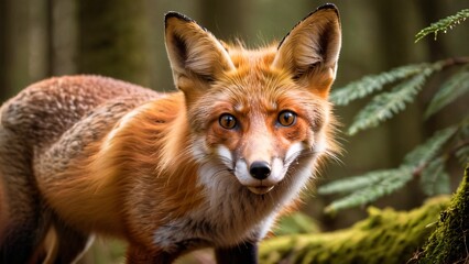 Obraz premium Close-Up of a Curious Red Fox in Woodland Setting