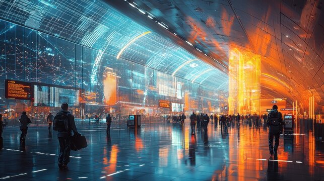 A bustling futuristic airport terminal glowing with holographic displays and gradient waves of light. The sleek architecture reflects the energy of advanced travel systems. A modern gateway 
