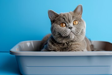 Adorable grey British cat lying inside a litter box on a blue plain solid background. Pet care. Domestic Cat at the litterbox. Hygiene for pets. Feline wants go to the toilet. Accustoming to toilet