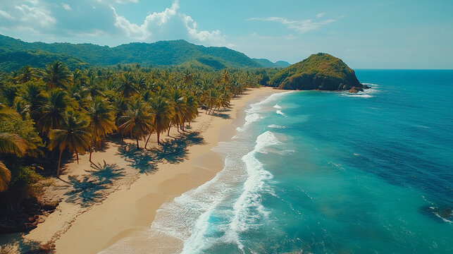 Tayrona National Park's pristine coastline in Colombia, featuring turquoise waters, lush greenery, and rugged rocks, symbolizing natural beauty, serenity, and untouched landscapes