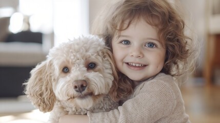 Smiling child hugging a fluffy dog in a cozy home setting