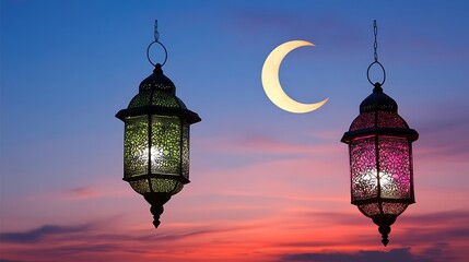 Ramadan lanterns illuminated against a vibrant sunset sky