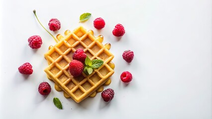 A golden waffle topped with fresh raspberries and mint, drizzled with honey on a white background