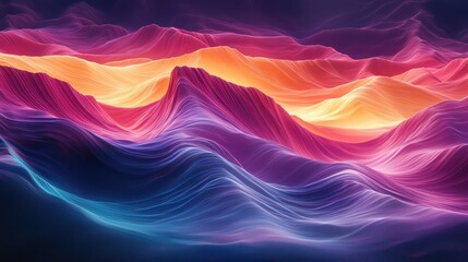 A glowing canyon with gradient waves of light cascading through its rugged walls. The surreal colors create a striking contrast with the natural textures of the rocks. A dramatic and captivating 