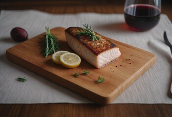 AI generated grilled salmon with lemon and rosemary on a wooden board.