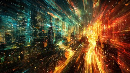 A glowing cyberpunk skyline with gradient waves of light weaving through the buildings and streets. The vibrant colors and dynamic energy capture the essence of a futuristic metropolis. A bold 