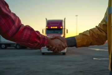 Professional handshake between two men in work attire in front of a large truck during sunset, symbolizing partnership and collaboration in logistics and transportation industry.
