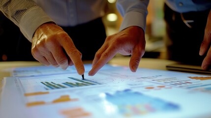 Obraz premium Hands interacting with a digital display showing graphs and data analysis.