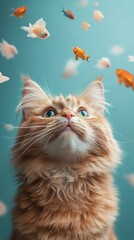 Fototapeta premium Curious Ginger Cat Looking Up at Goldfish Swimming, on Blue Background, Imagination Concept