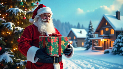 Christmas Santa Claus in a red suit holding a gift box