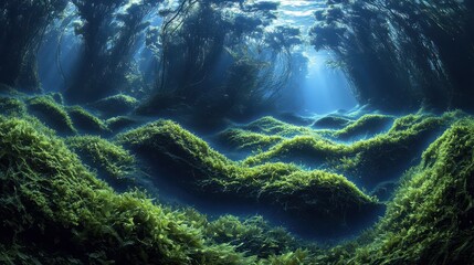 Fototapeta premium A glowing underwater forest with bioluminescent plants and gradient waves of light flowing through the scene. The surreal lighting adds mystery and depth to the tranquil environment. A magical 