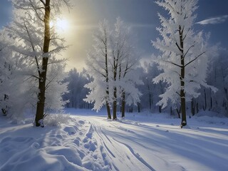 snow covered trees at winter forest 