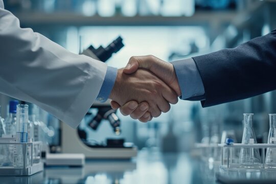 Business Collaboration Between Scientist and Executive in Laboratory Setting Showcasing Partnership in Scientific Research and Development Efforts