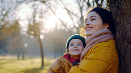 A mother and her child enjoying a tender moment together while leaning against a tree