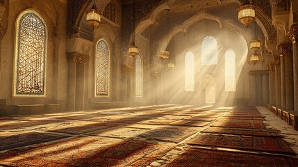 Opulent and Tranquil Interior of an Exquisite Islamic Prayer Hall with Radiant Sunlight Beams and Ornate Architectural Details