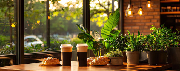 A cozy cafe scene with two coffee cups, pastries, and lush greenery, bathed in warm sunlight, creating a relaxing atmosphere.