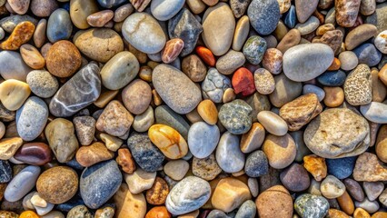 Close-up of Smooth, Colorful Pebbles on a Beach, Overhead Perspective, Composition - Assorted Shapes and Sizes, Image - Warm Tones and Natural Textures