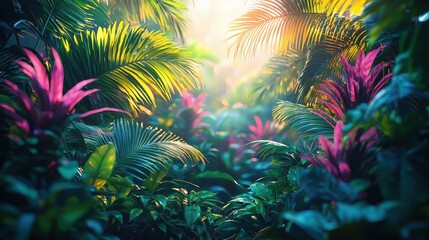 A vibrant jungle glowing with gradient waves of light weaving through the dense foliage. The surreal colors highlight the diversity and richness of the tropical ecosystem. A bold and magical 