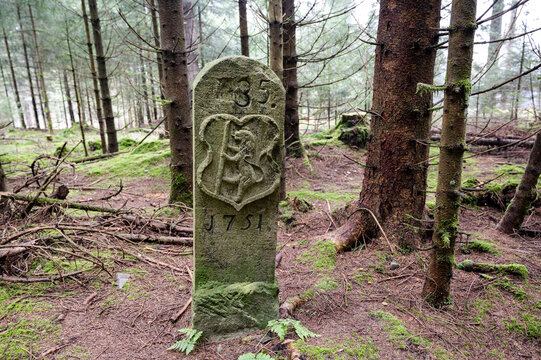 Grenzstein aus dem Jahr 1751  mit dem Eisfelder Wappen am Ble&szlig;berg im Th&uuml;ringer Schiefergebirge