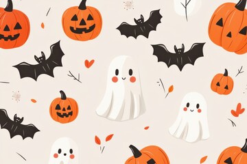 Fototapeta premium A minimalist Halloween-themed design featuring cute, simple illustrations of ghosts
