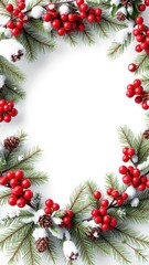 Christmas frame of tree branches with red berries and pine cones, perfect for winter holidays, red berries