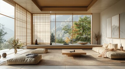 A beautiful Japanese style interior featuring minimalist furniture and large windows overlooking a lush green landscape. Calm and peaceful atmosphere.