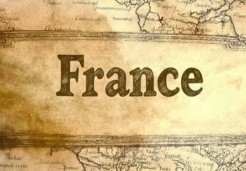 Fototapeta premium Vintage Map Background Featuring the Country Name France in Rustic Typography Overlaid on an Antique World Map Drawing for Travel Themes