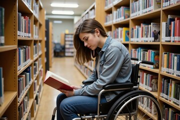 Young woman in wheelchair reading a book in library aisle for inclusivity and education concept.