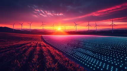 A futuristic high-tech energy farm glowing with gradient waves of light flowing across solar panels and wind turbines. The vibrant colors emphasize sustainability and innovation in renewable 