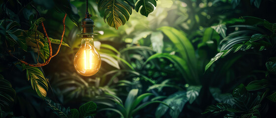 Rainforest. Illuminated light bulbs, lantern on tropical palm leaves at jungle forest. Green foliage, botanical natural background. Exotic wallpaper. Generative ai	